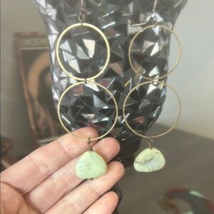Brass and green stone long dangle earrings